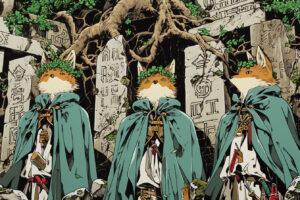Three little Celtic foxes wearing tiny crowns made of clover, playing hide and seek among ancient dolmens, with mystical runes glowing softly at dusk, by atsuhiro Otomo --niji 6 --ar 3:2 --s 750 --style raw