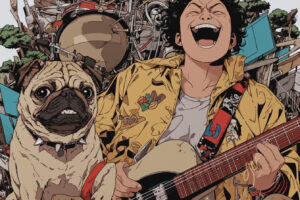 rock and roll group made of Pug dogs, guitar, base, drums, lead guitar, singer --ar 3:2 --stylize 750 --niji 6 --sref https://s.mj.run/jU7wnsu8FBM 