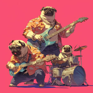 rock and roll group made of Pug dogs, guitar, base, drums, lead guitar, singer --ar 3:2 --stylize 750 --niji 6