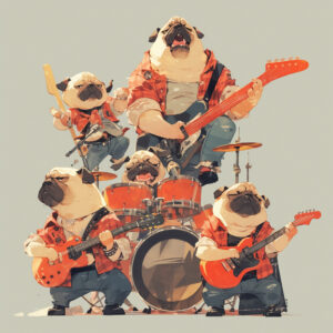 rock and roll group made of Pug dogs, guitar, base, drums, lead guitar, singer --ar 3:2 --stylize 750 --niji 6