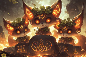Three little Celtic foxes wearing tiny crowns made of clover, playing hide and seek among ancient dolmens, with mystical runes glowing softly at dusk --niji 6 --ar 3:2 --s 750 --style raw