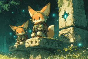 Three little Celtic foxes wearing tiny crowns made of clover, playing hide and seek among ancient dolmens, with mystical runes glowing softly at dusk, by atsuhiro Otomo --niji 6 --ar 3:2 --s 750 --style raw